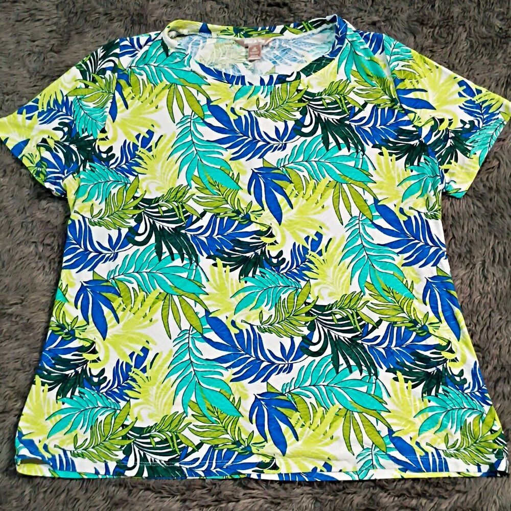 White Stag Multicolor Tropical 100% Cotton Knit Short Sleeve Crew Neck XL Vtg